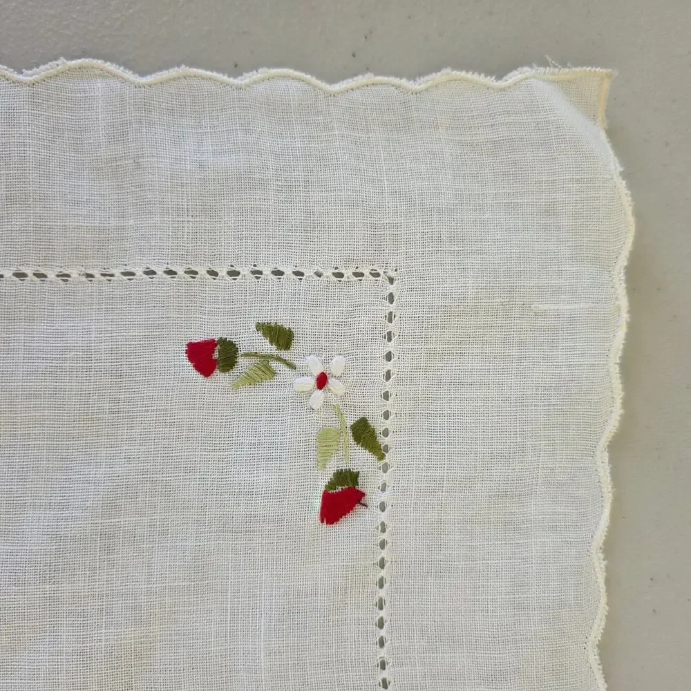 Vintage White Linen Embroidered Doily Placemat Red Flowers Cutwork Lace Edge